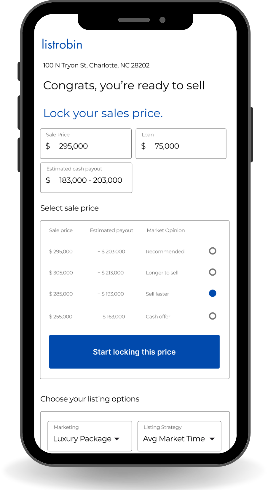 ListRobin home selling options on a phone